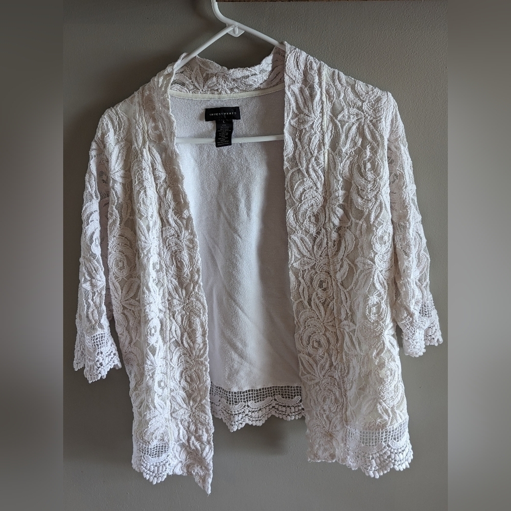 Investments Mixed Media Open Drape Lace Cardigan